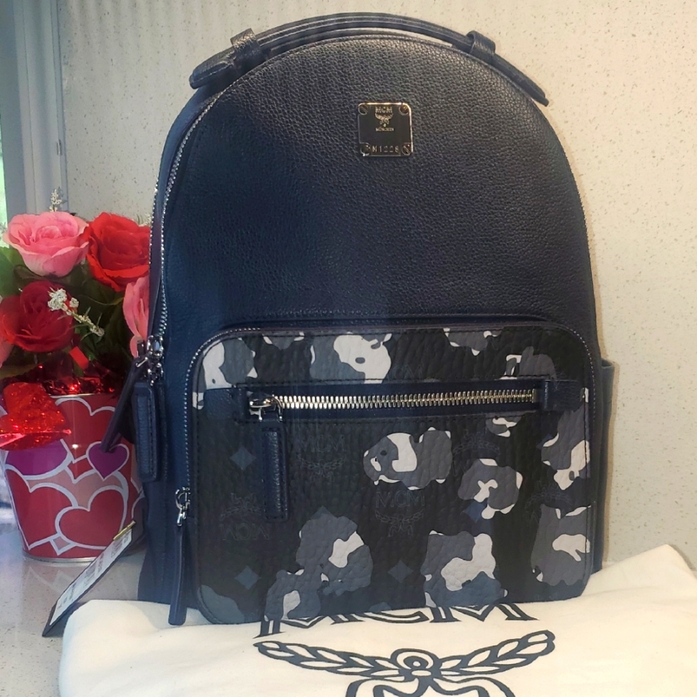 MCM STARK Navy Blue Leather Camouflage Backpack (sz Medium)
